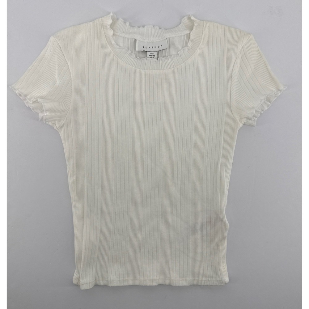 Topshop Girls White Ribbed Lettuce Edge Baby Tee Short Sleeve Shirt Size US 4